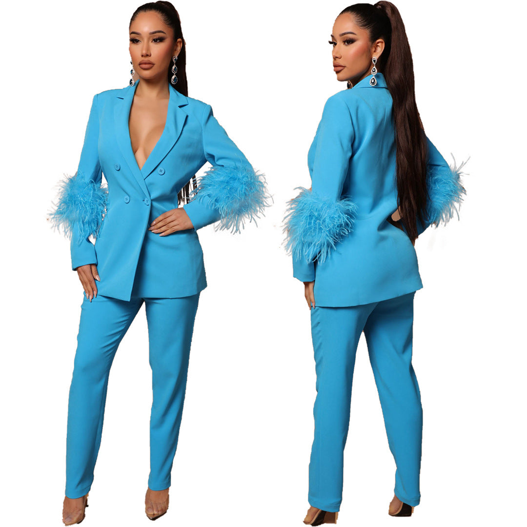 Fall Women Feather Blazer and Pant Two Piece 8