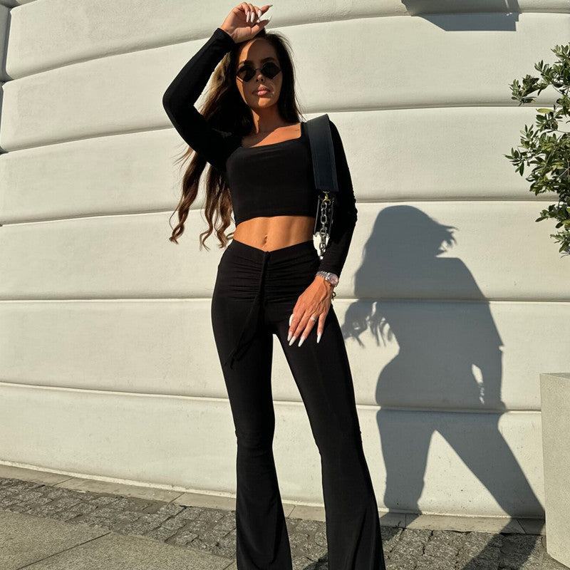 Winter Fashion Solid Color Long Sleeve Top Drawstring Pleated Bell Bottom Pants Women Two Piece Set 4