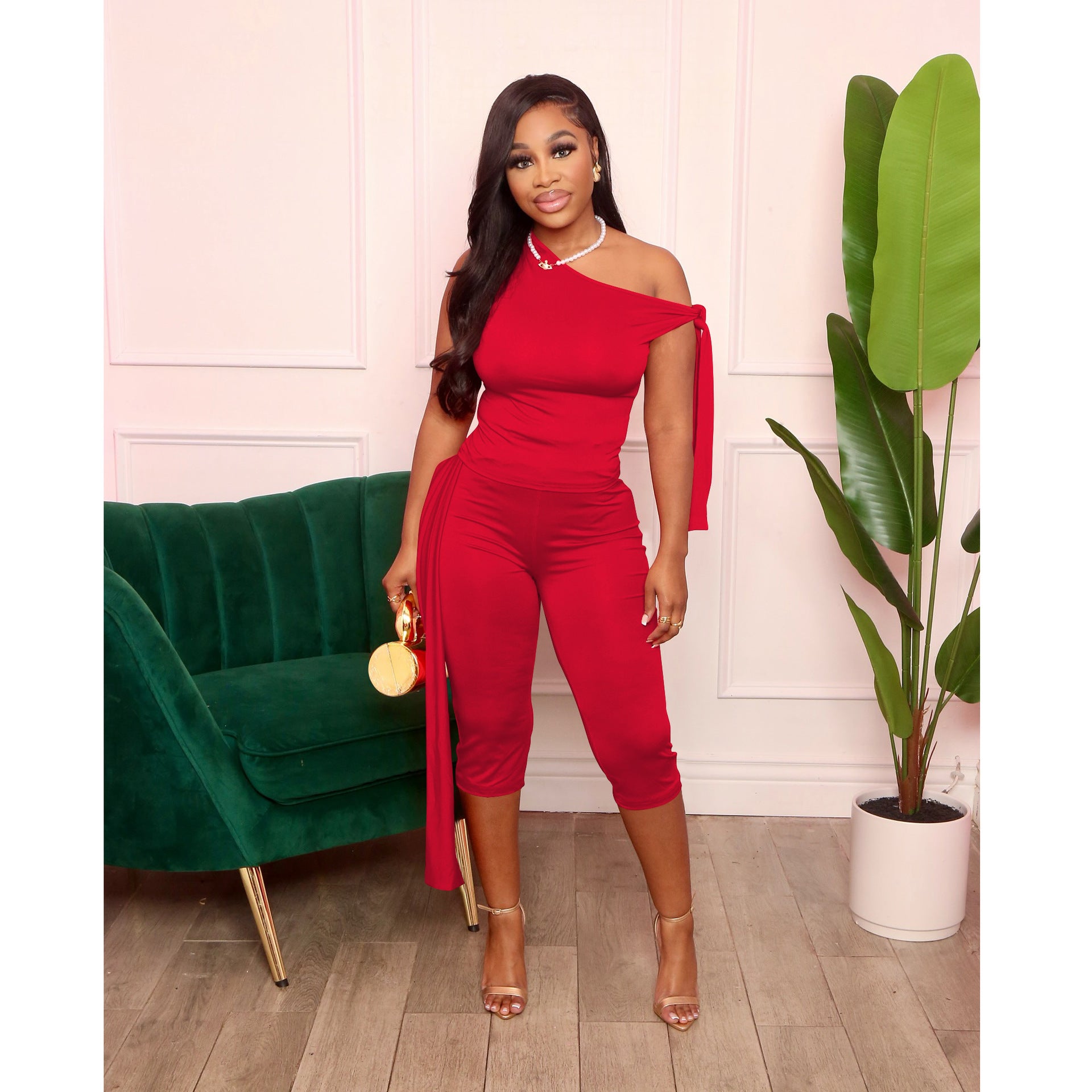 Women Summer Slash Shoulder Lace-Up Casual Solid Top and Shorts Two Piece Set 3