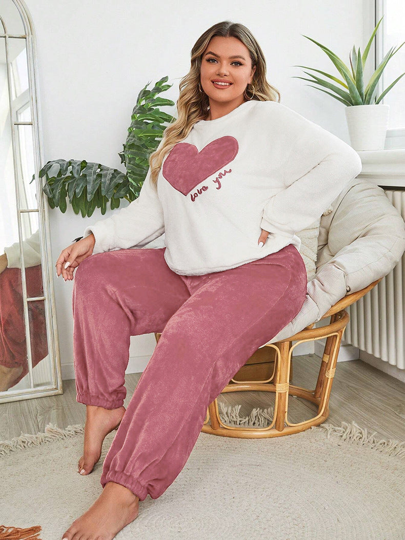 Flannel Heart Printed Casual Long Sleeves Pajamas Set Plus Size Women's Home Clothes 8