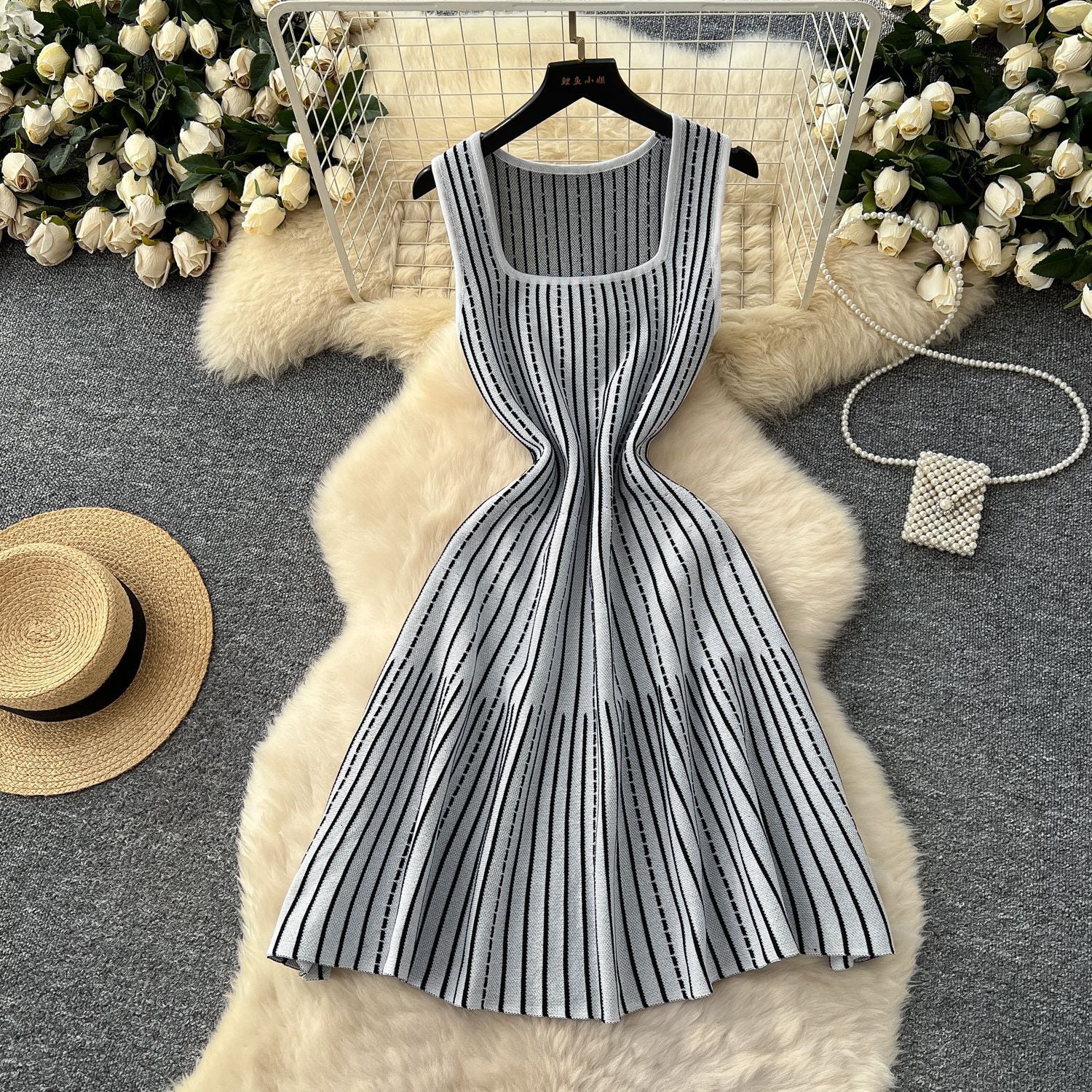 Women's Summer Square Neck Sleeveless Striped Slim Knitting Dress 8