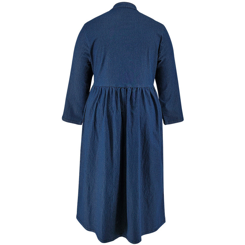 Plus Size Women's Denim Stand Collar Button Long Sleeve Long Dress 5