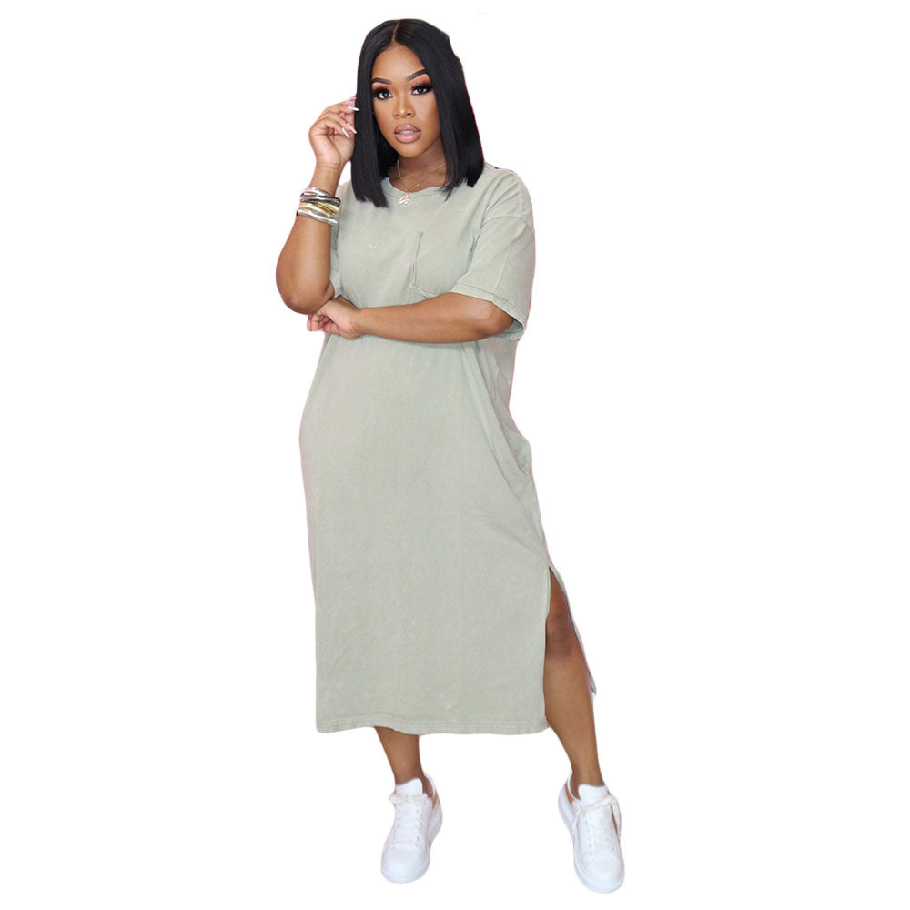 Women's Fashion Pocket Loose Solid Color Short Sleeve Dress 5