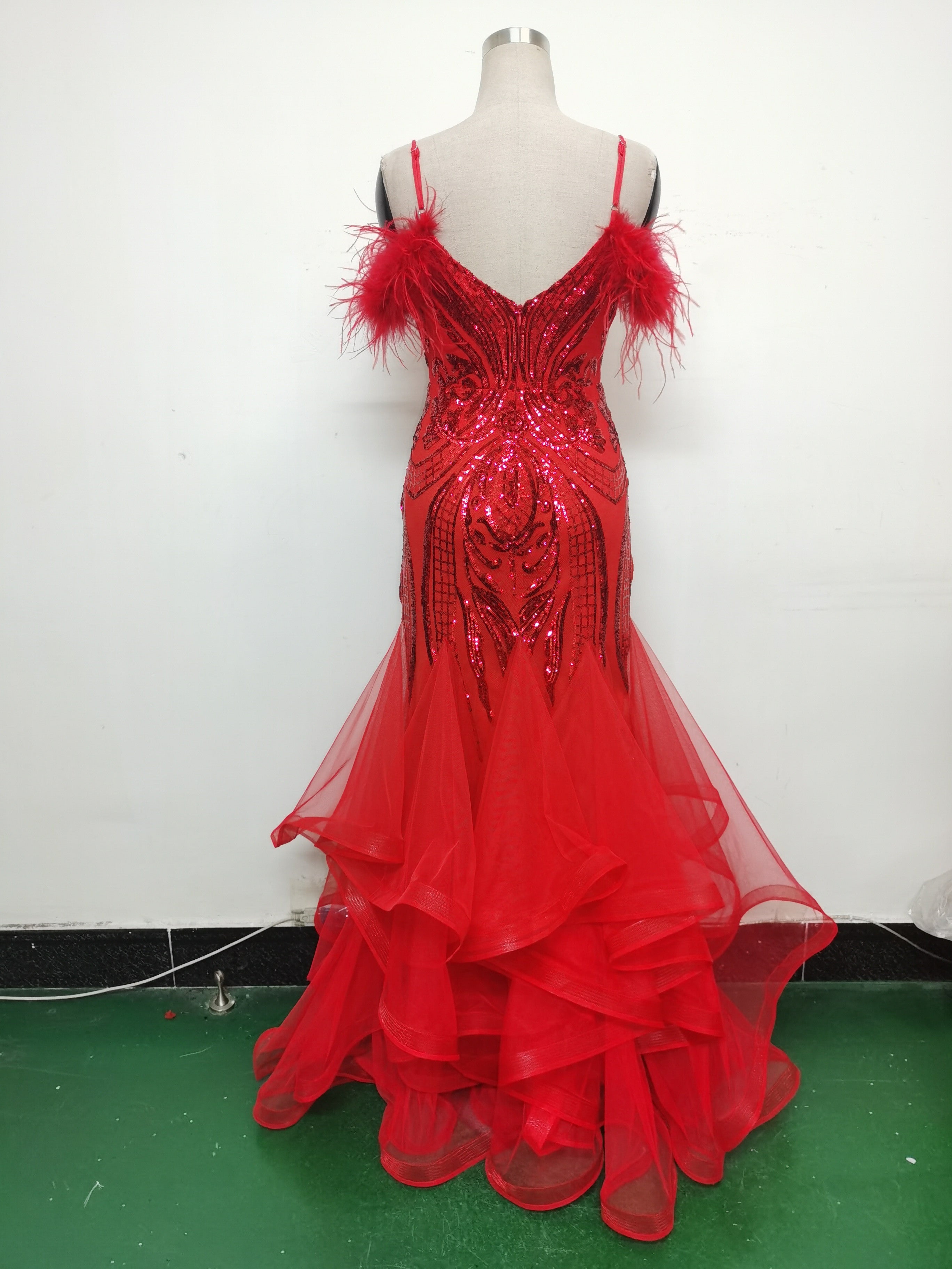 Women ostrich feather flower sequins patchwork mesh evening dress 20