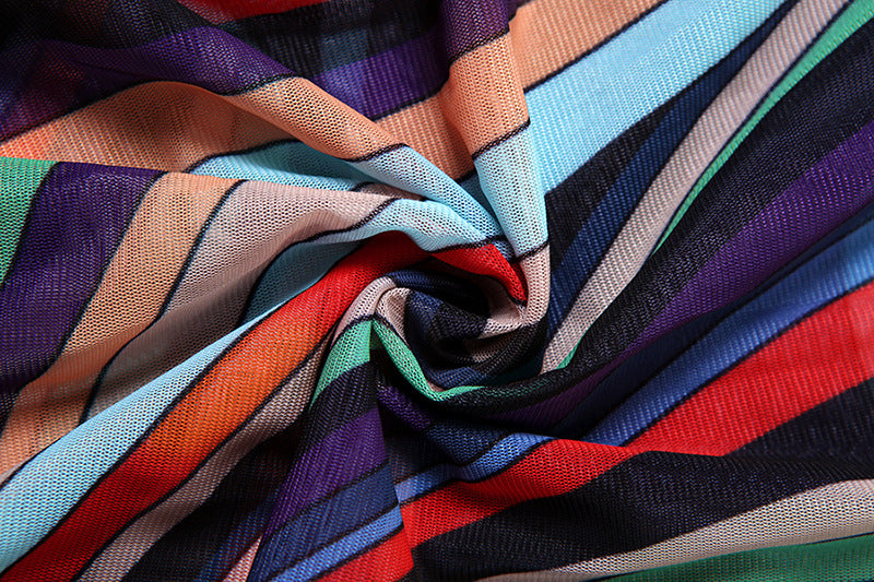 Women Winter Trend Multi-Color Printed Half-High Neck Long Sleeve Mesh Dress 16