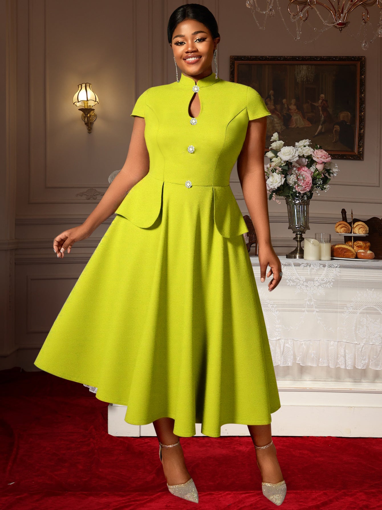 Plus Size Solid Color Cut-Out Short Sleeve Party Dress Stand Collar A-Line Elegant Evening Gown 4