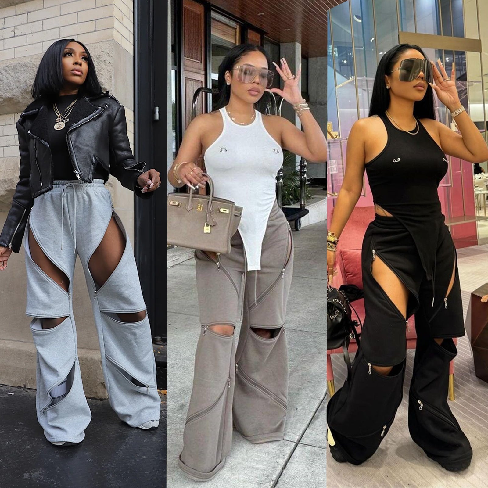 Women Patchwork Zipper Straight Bell Bottom Pants 12