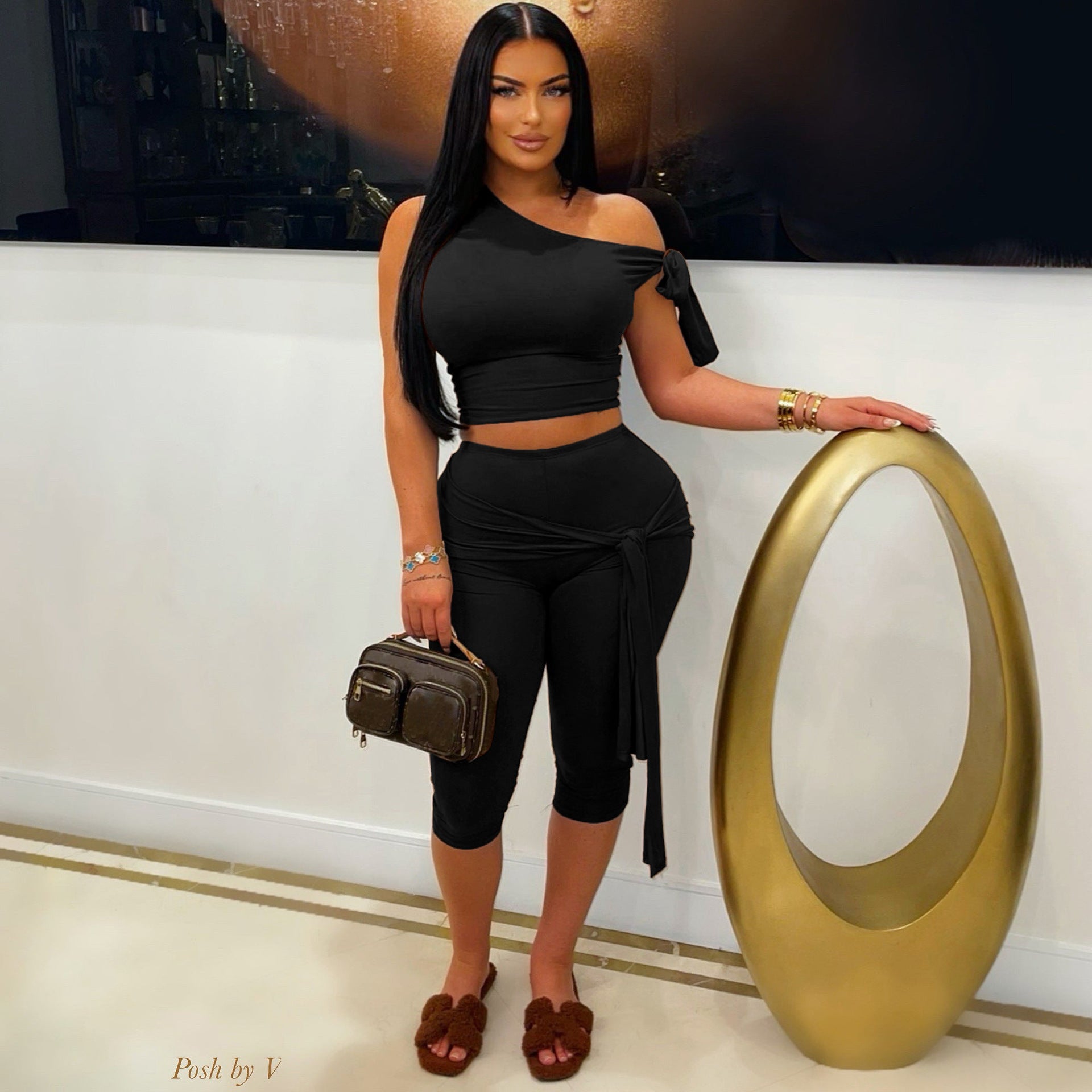 Women Summer Slash Shoulder Lace-Up Casual Solid Top and Shorts Two Piece Set 10