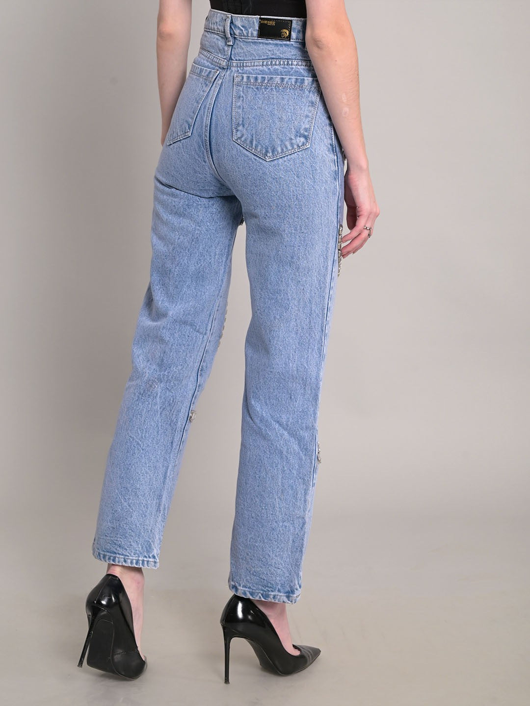 Women's High Waist Rhinestone Wide-Leg Trousers Straight Long Casual Denim Pants 5