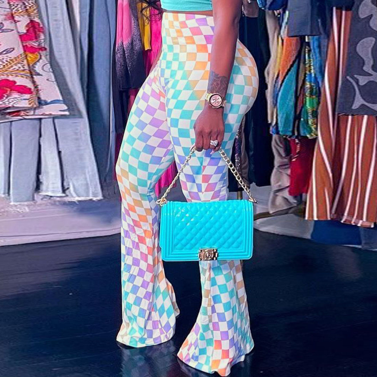 Plus Size Women Plaid Print Bell Bottom Pants 4