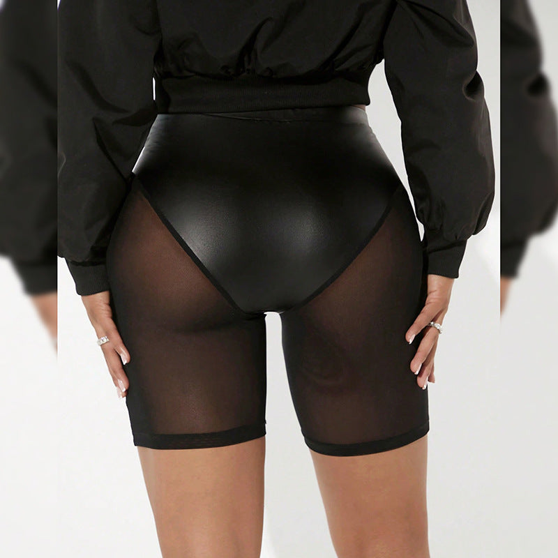 Spring & Summer Women's Solid Color Elastic Waist See-Through Mesh Leather Patchwork Tight-Fitting Knee-Length Shorts 7