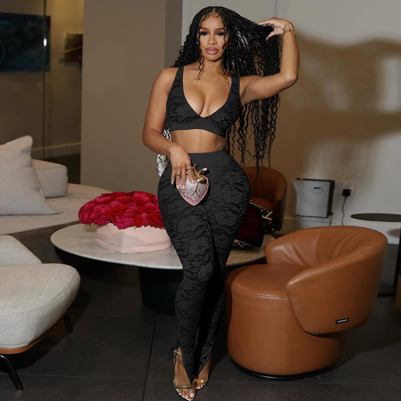 Women Summer Sexy Wrap Patchwork Lace Suspender Crop Top and Pants Two Piece Set 3