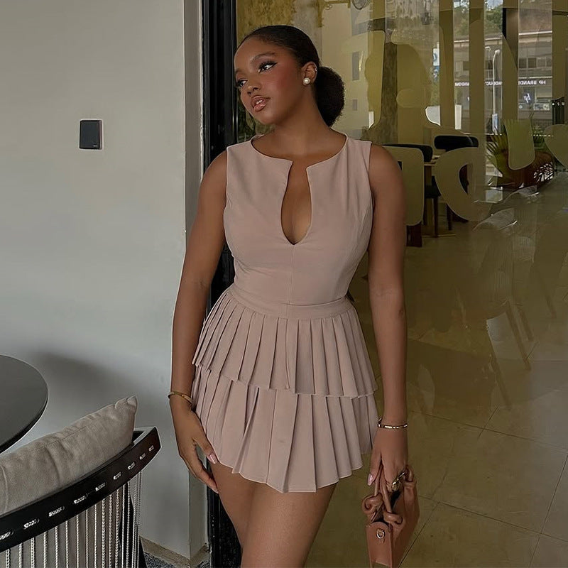 Summer V-Neck High-Waist Pleated A-Line Dress 4