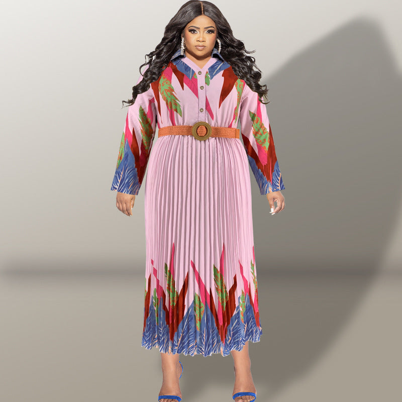 Plus Size Autumn Women's Print Button Long Sleeve Pleated Dress 4