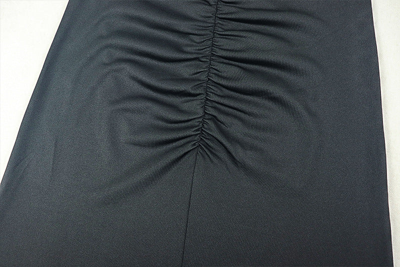 Elegant Women's Pleated Solid Color Bodycon Slim High Neck Short-Sleeve Long Dress 18