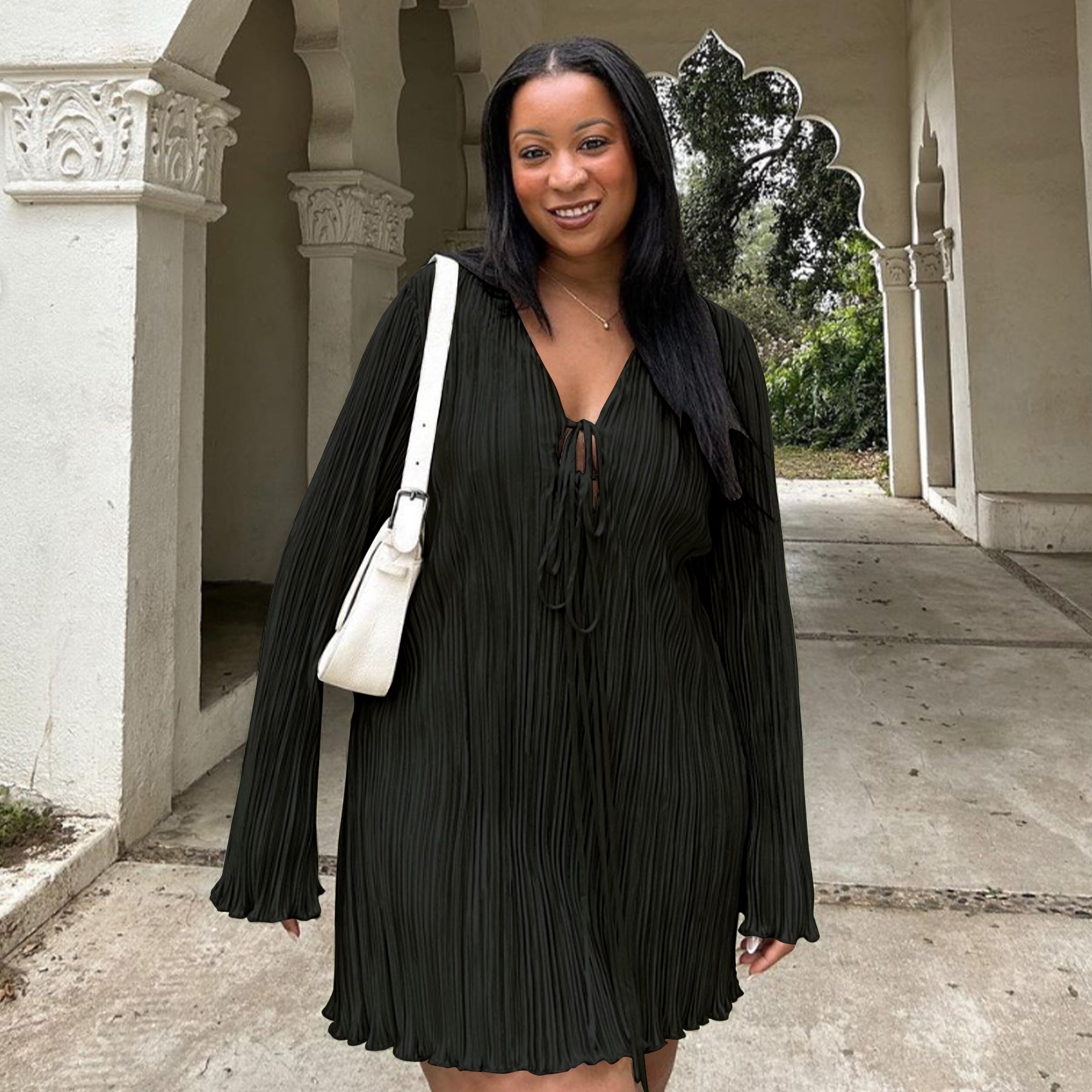 Plus Size Bell Bottom Long Sleeve Solid Color Casual Dress 5