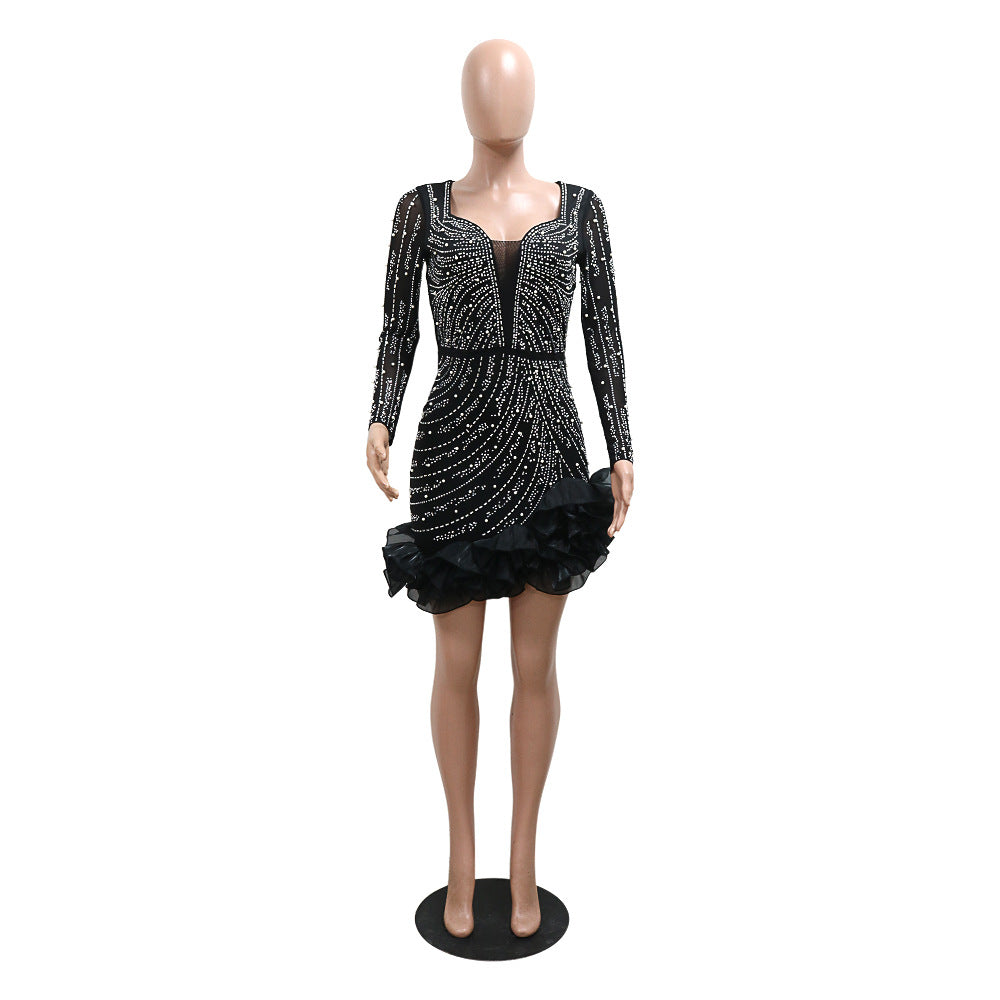 Women Beaded Long Sleeve Square Neck Dress 14