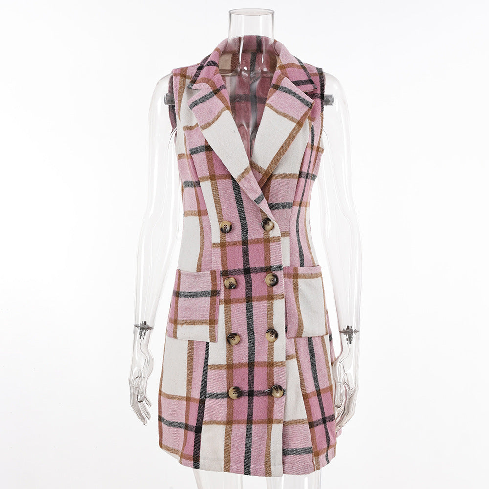 Women's Fashion Plaid Long Vest Turndown Collar Sleeveless Blazer 17