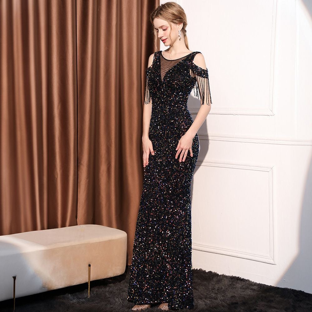 Sequin Tassel Chic Evening Dress Sexy See-Through Formal Party Long Gown 3