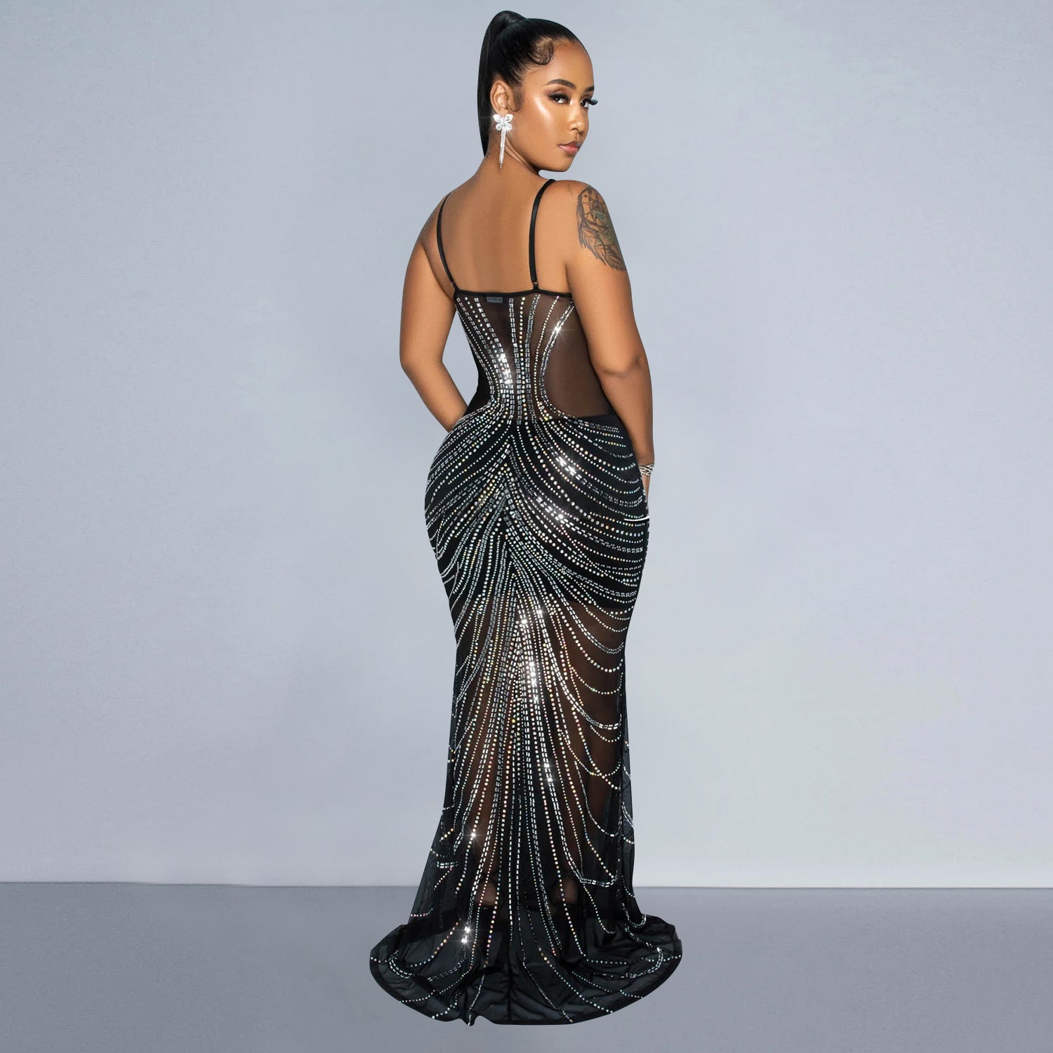 Fashion Women's Solid Color Mesh Beaded Strap Long Dress 4