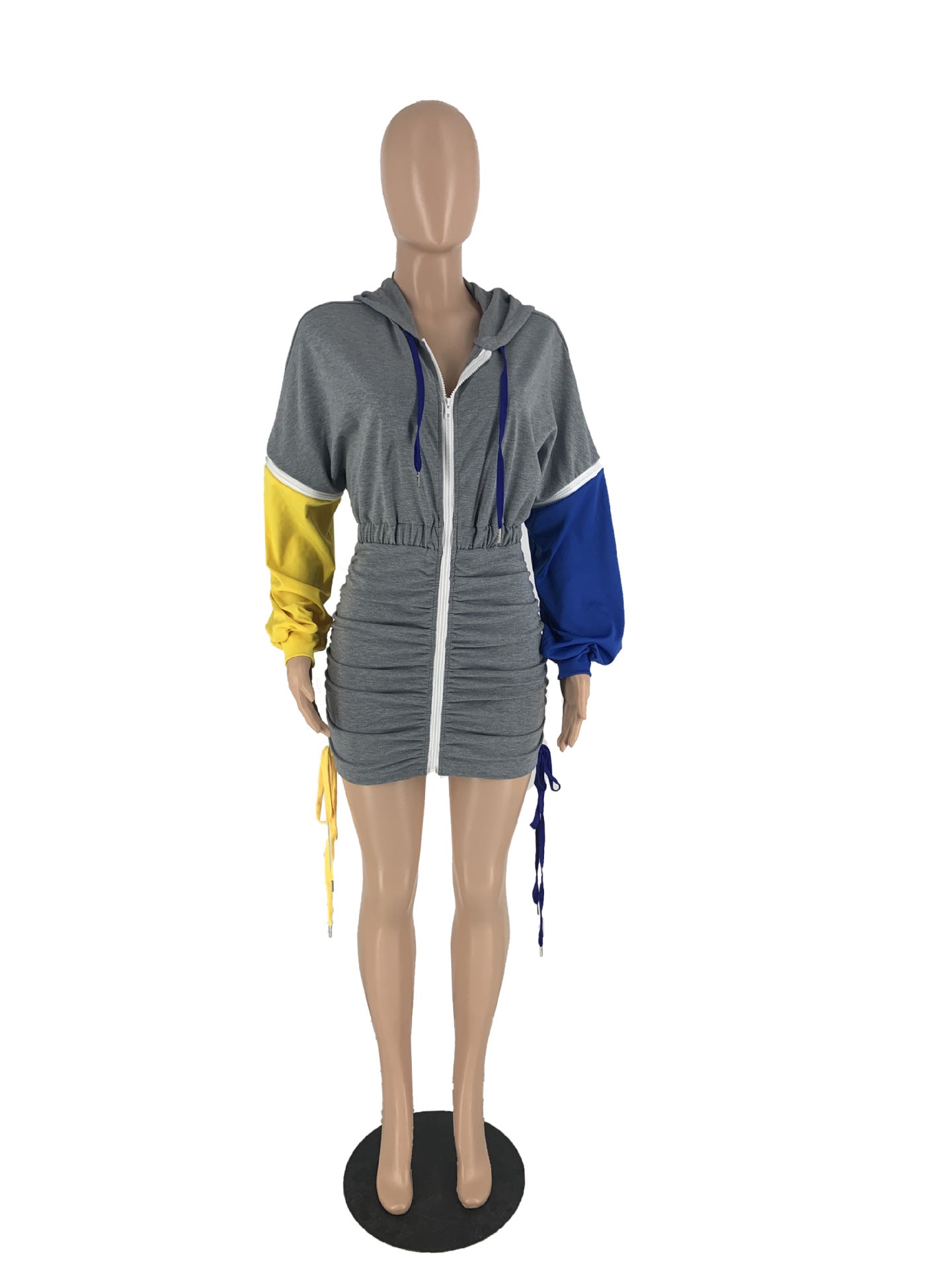 Cute Zip Patchwork Long Sleeve Pleated Casual Dress 10