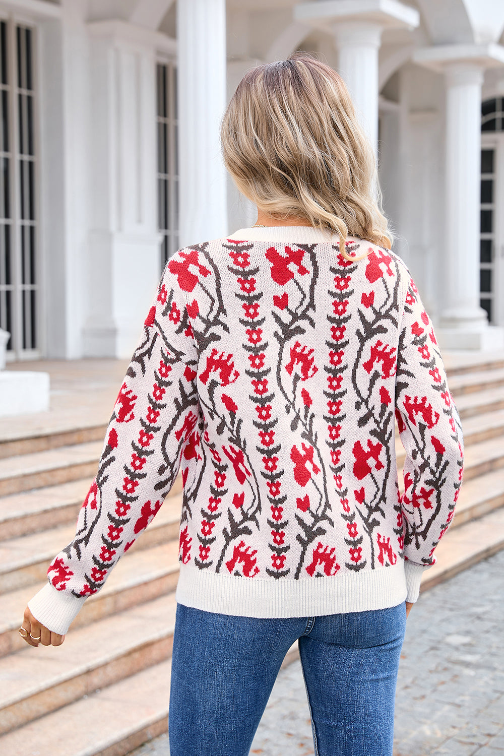 Women Jacquard Branch Round Neck Floral Sweater 25