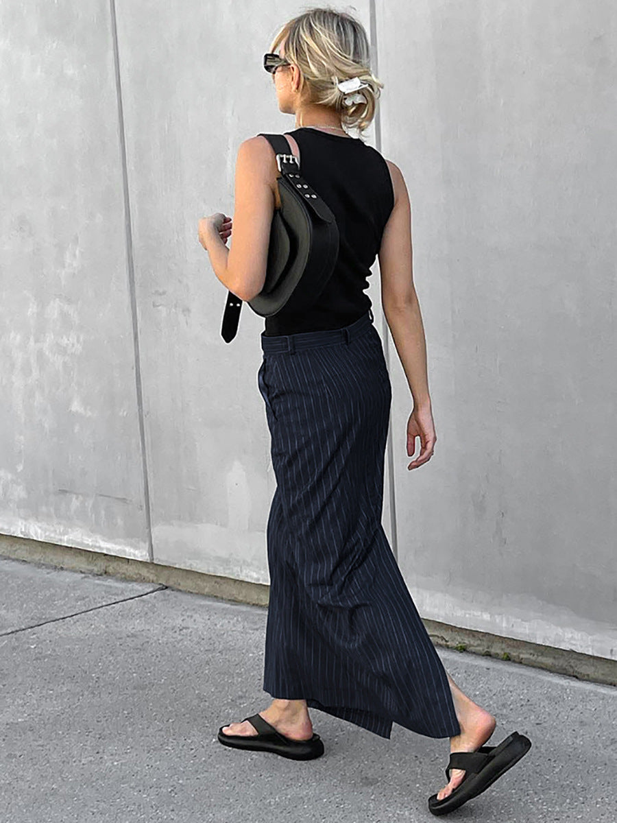 Career High-Waist Striped Slit Straight-Leg Autumn Fashion Women's Skirt 5