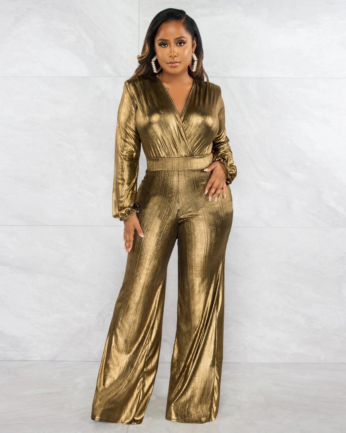 Sexy V Neck Shiny Long Sleeve Ladies Jumpsuit 4