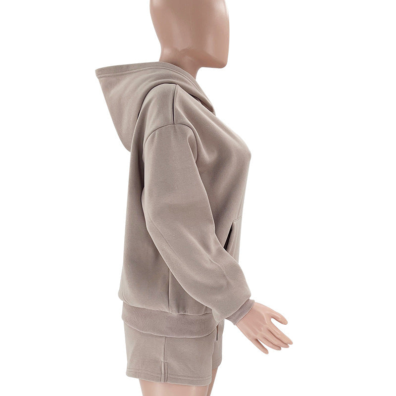 WomenSolid Long Sleeve Hoodies and Casual Shorts Two-Piece Set 29