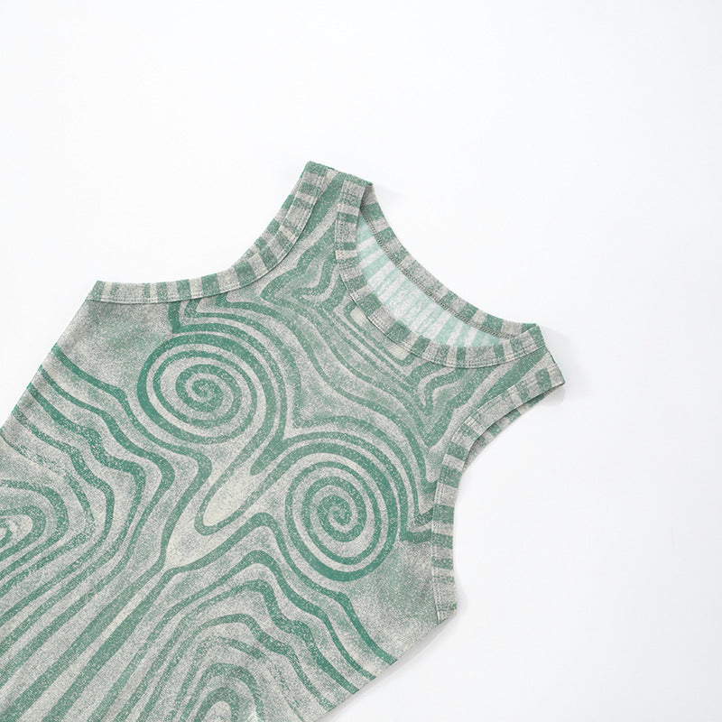 Women's Slim Geometric Pattern Print Round Neck Sleeveless Bodysuit Wide-Leg Pants Two Piece Set 13