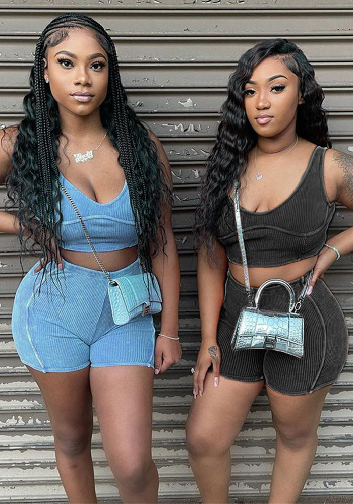 Women Rib Camisole and Shorts Summer Casual Sports Two-piece Set