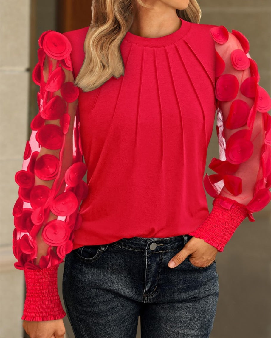 Autumn Long-Sleeve Fashion Mesh Patchwork Round Neck Blouse 4
