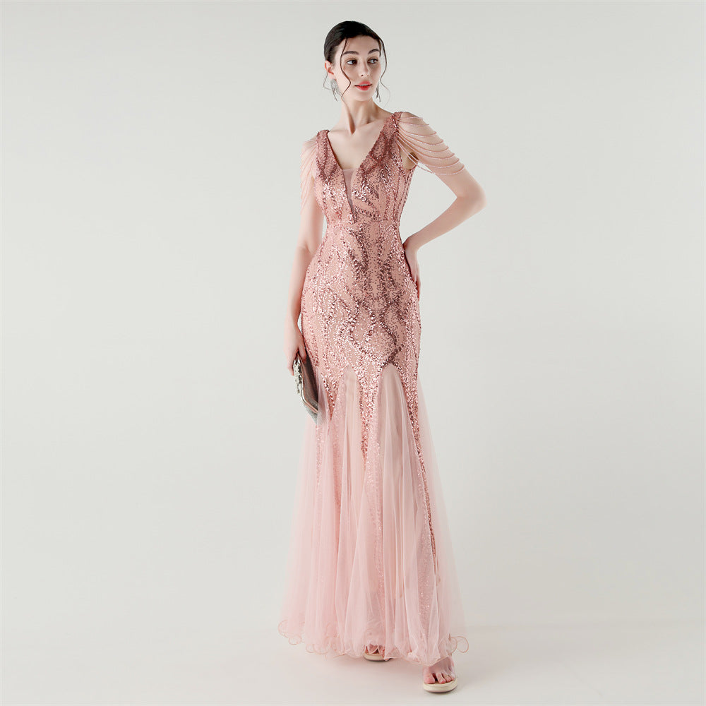 Spring Summer Low Back Sequined Mesh Slim Fishtail Party Evening Dress 13