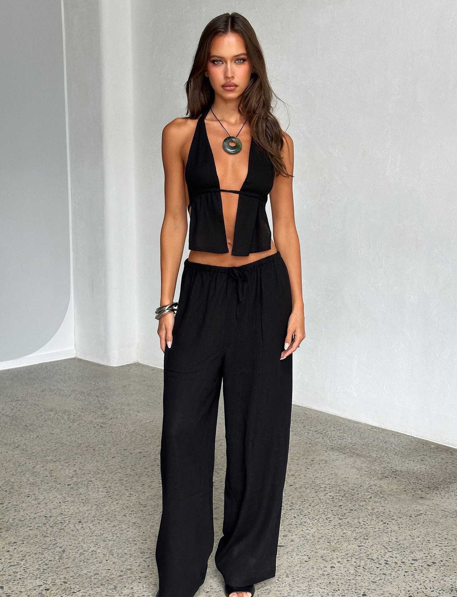 Spring Summer Women's Halter Neck Lace-Up Sexy Low Back Sleeveless Top Pants Set 11