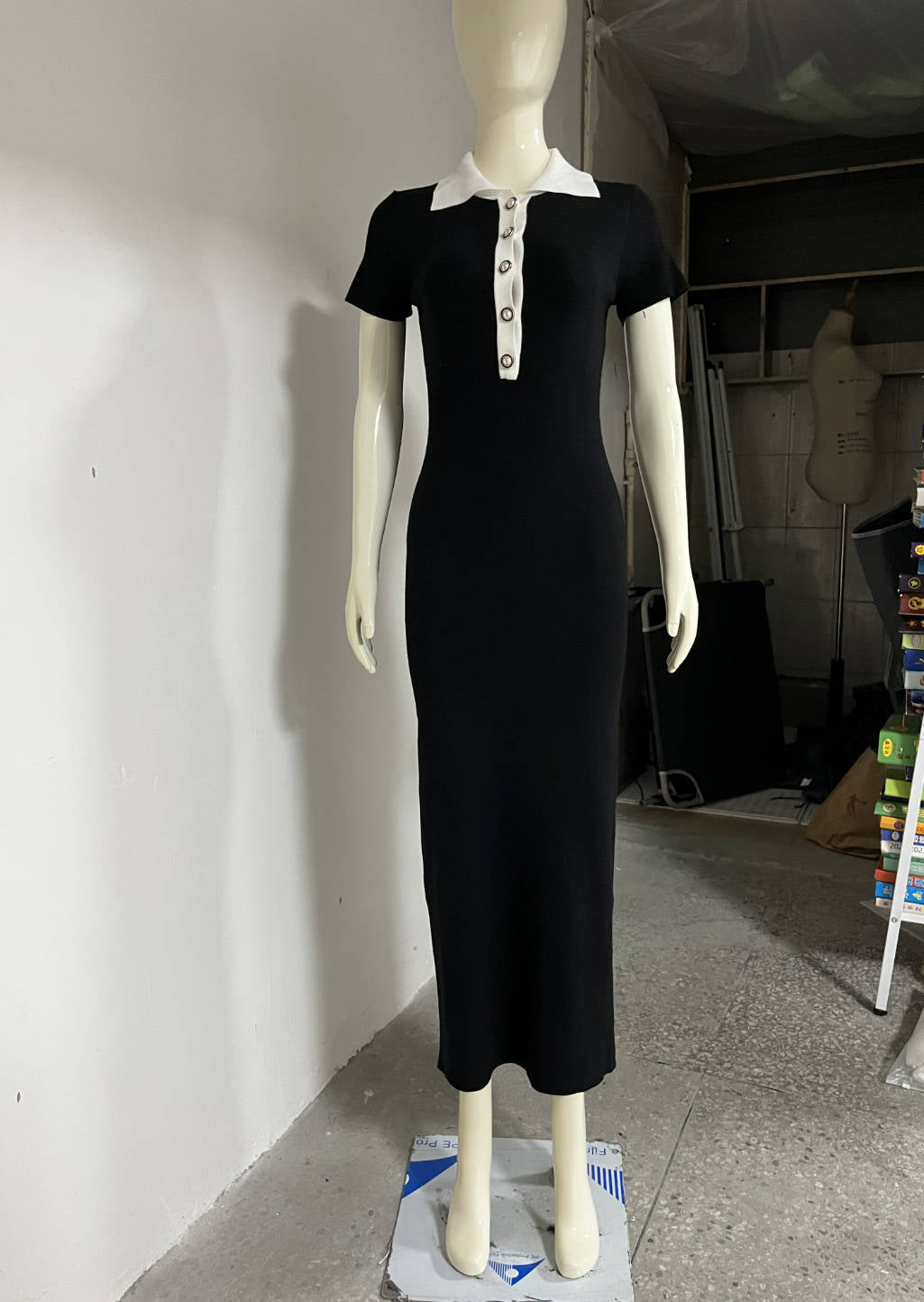 Turndown Collar Chic Contrast Color Short Sleeve Single-Breasted Female Knitting Long Dress 7
