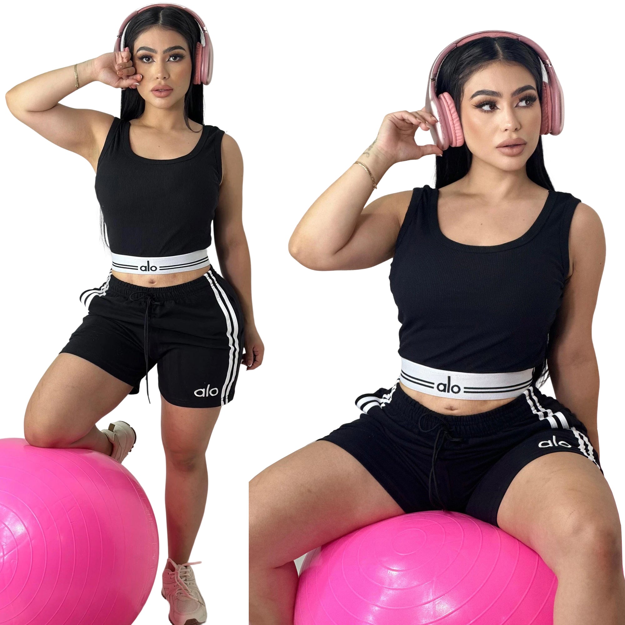 Women summer Solid embroidery Round Neck Sleeveless Vest Shorts Two-Piece Set 8