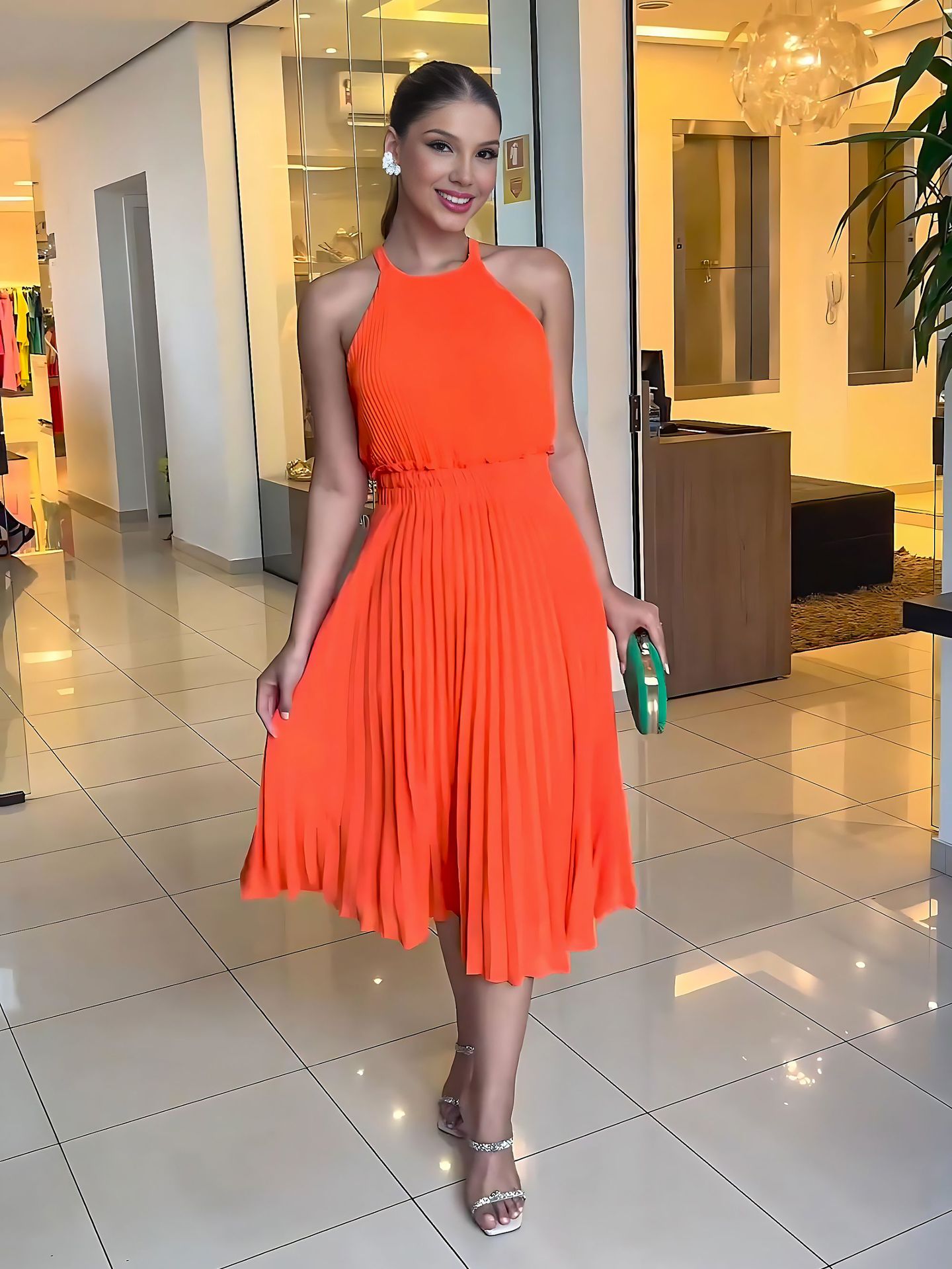 Spring And Summer Solid Color Sleeveless Chiffon Chic Lady Pleated Slim Waist Dress 3