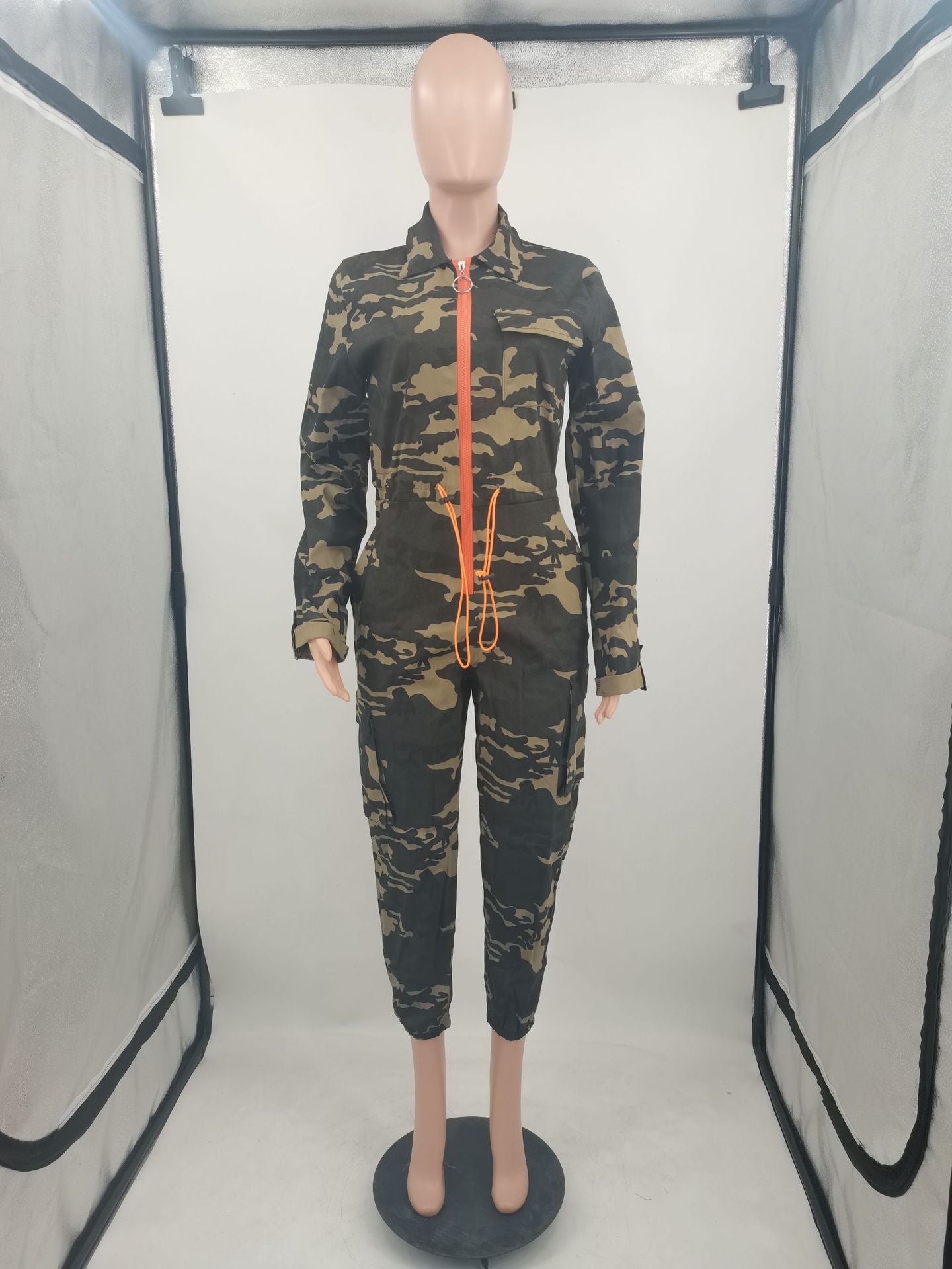 Women Fall Contrast Zip Camouflage Long Sleeve Jumpsuit 11