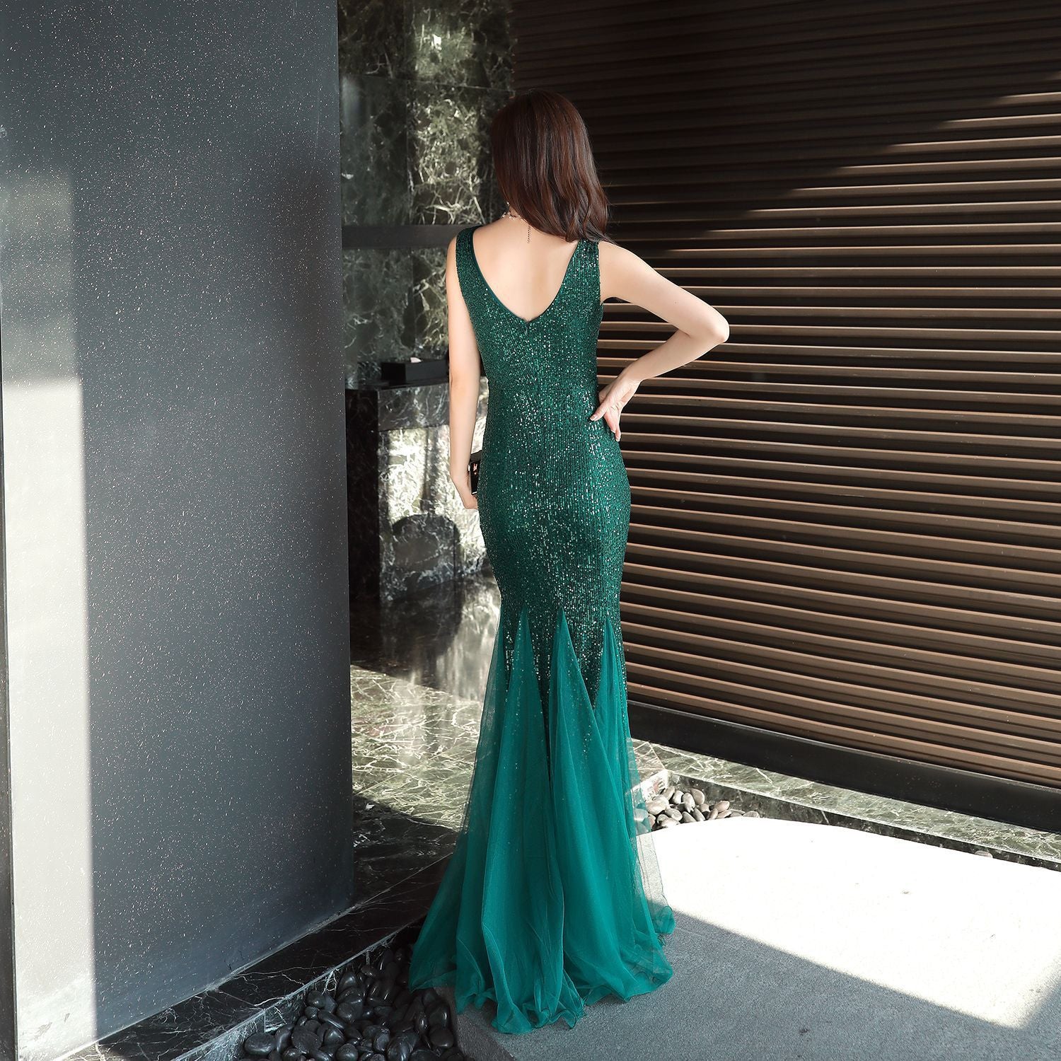 Women Formal Party Elegant Fishtail Sequined Evening Dress 11