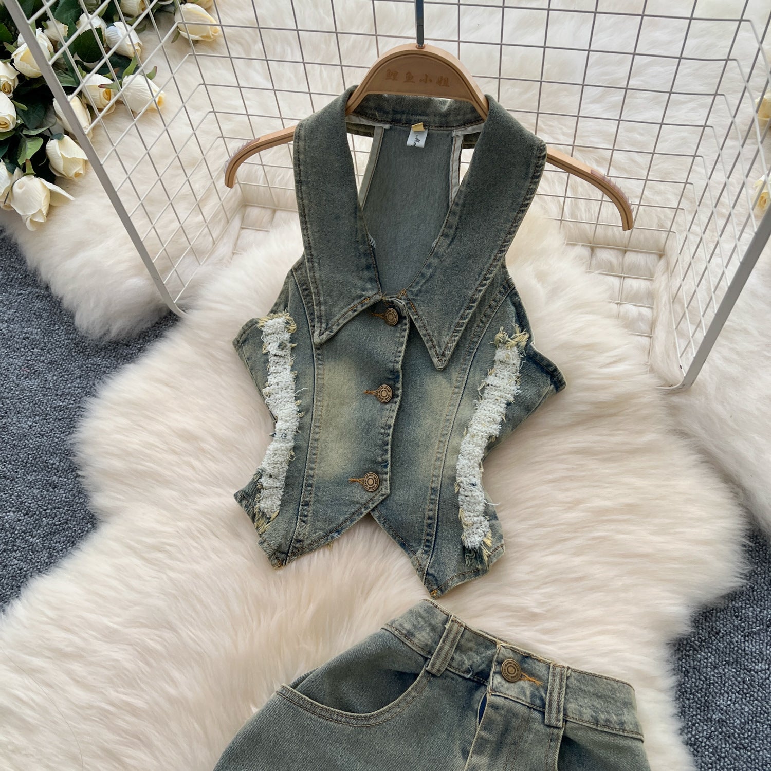 Turn Down Collar Distressed Denim Halter Top Slit Skirt Set 14