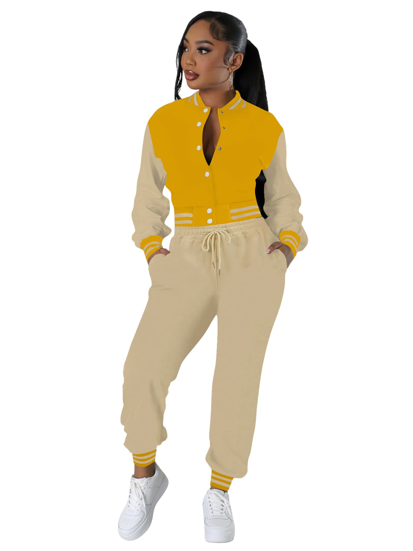 Women Patchwork Baseball Jacket and Pants Two-piece Set