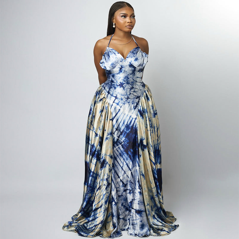 Women summer v-neck Halter Neck Sleeveless Printed Dress