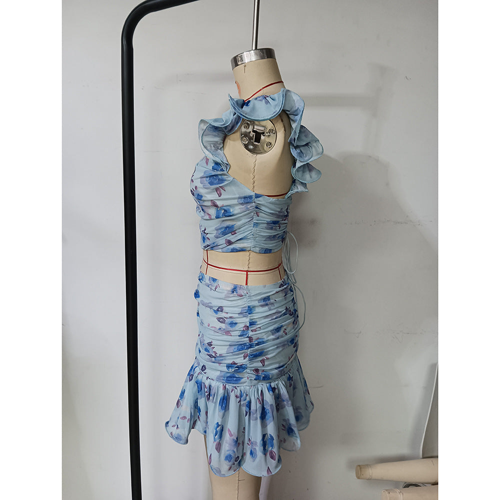 Summer women's fashion sexy Print Crop top Beach short skirt set 9