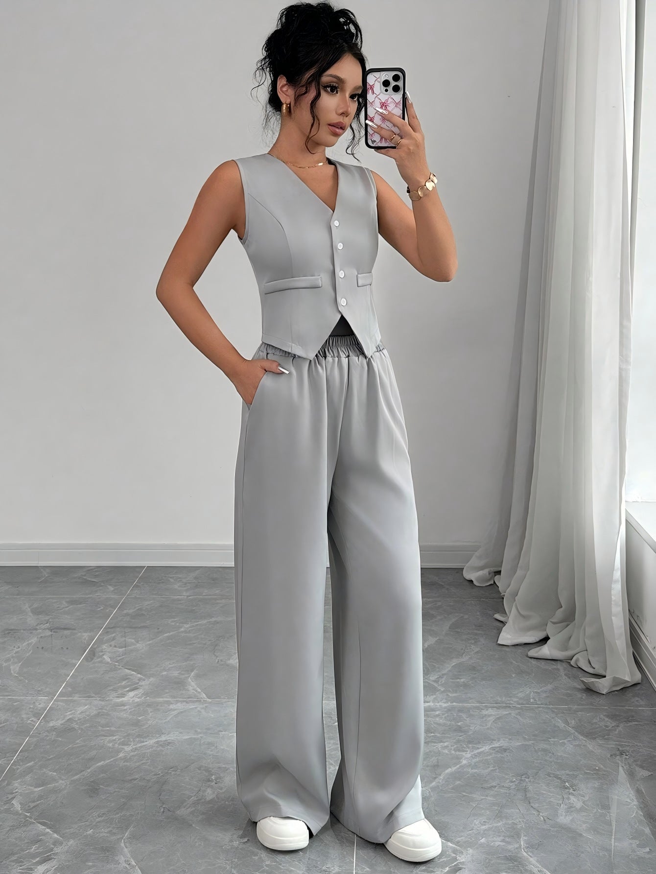 Women's Spring Summer Chic Button Sleeveless Vest Pants Set