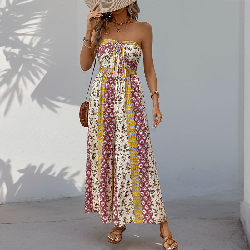 Summer Print Casual Tied Strapless Wide-Leg Jumpsuit 3