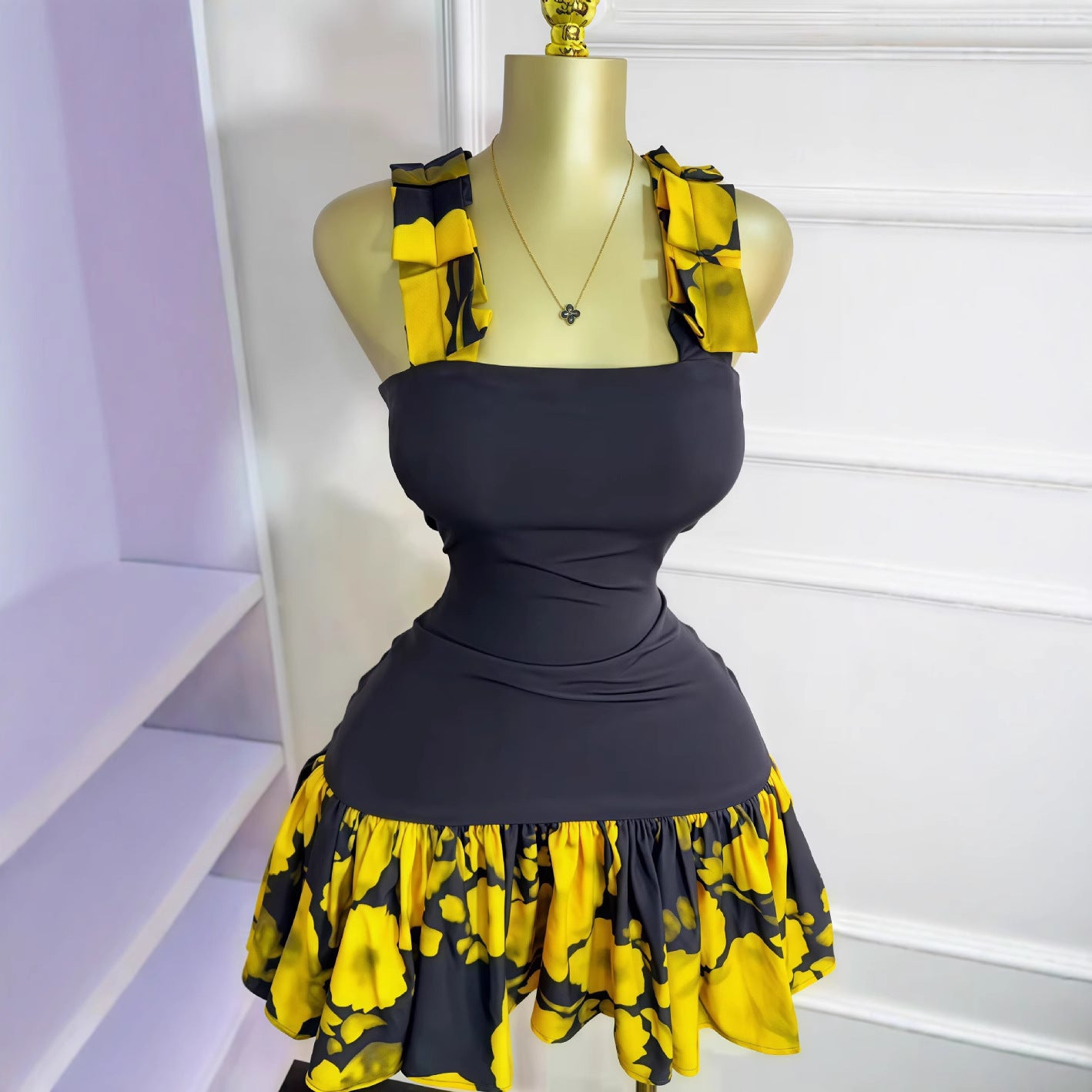 Women's Sleeveless Strapless Print Ruffle Mini Dress