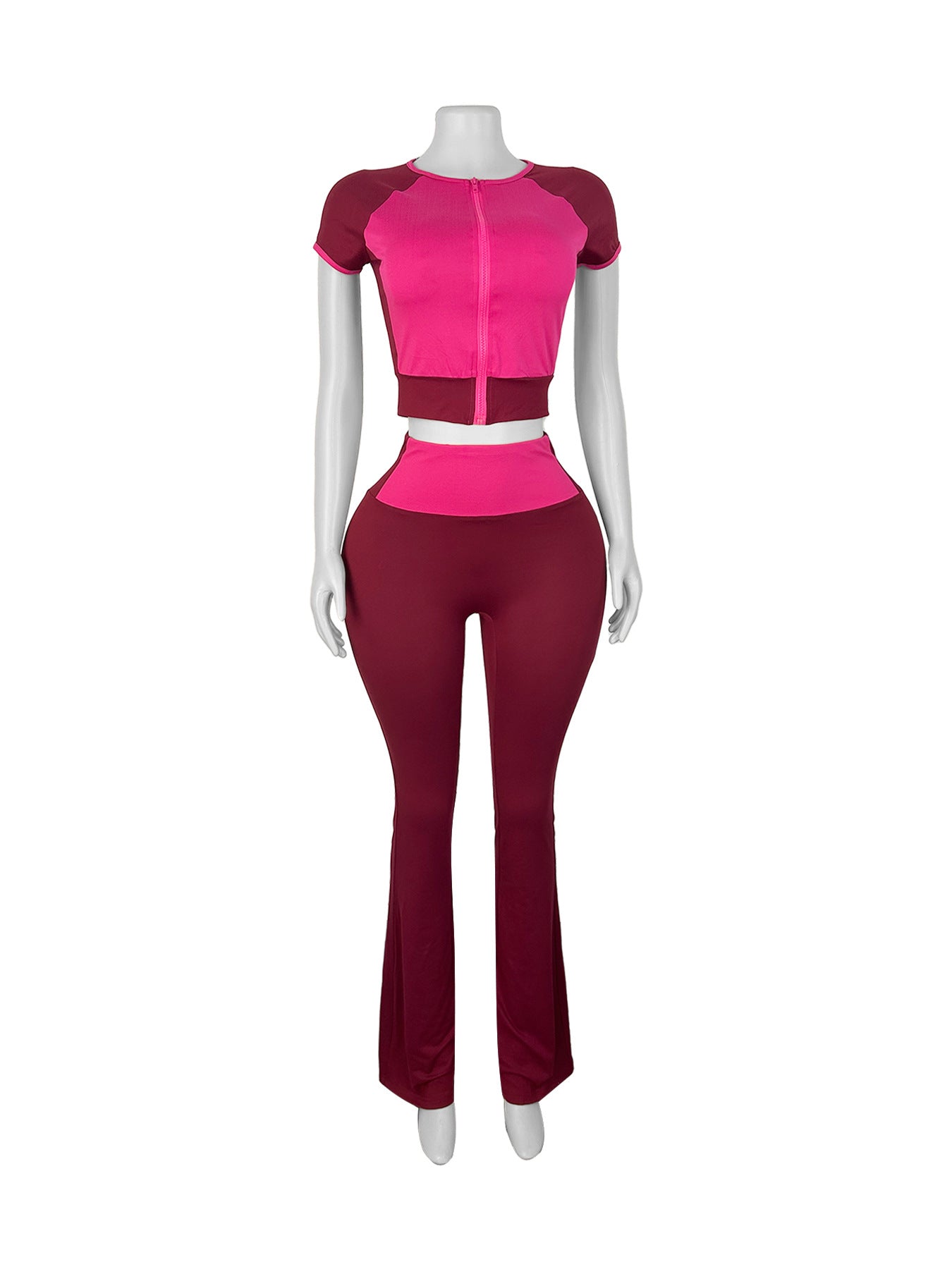 Women Patchwork Contrast Round Neck Short Sleeve Top and Bell Bottom Pants Two Piece Set 4