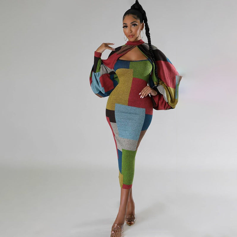 Women Patchwork Contrast Print Long Sleeve Dress 7