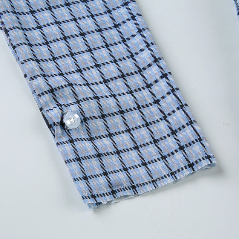 Women Fall Casual Turndown Collar Long Sleeve Top Plaid Shirt 12