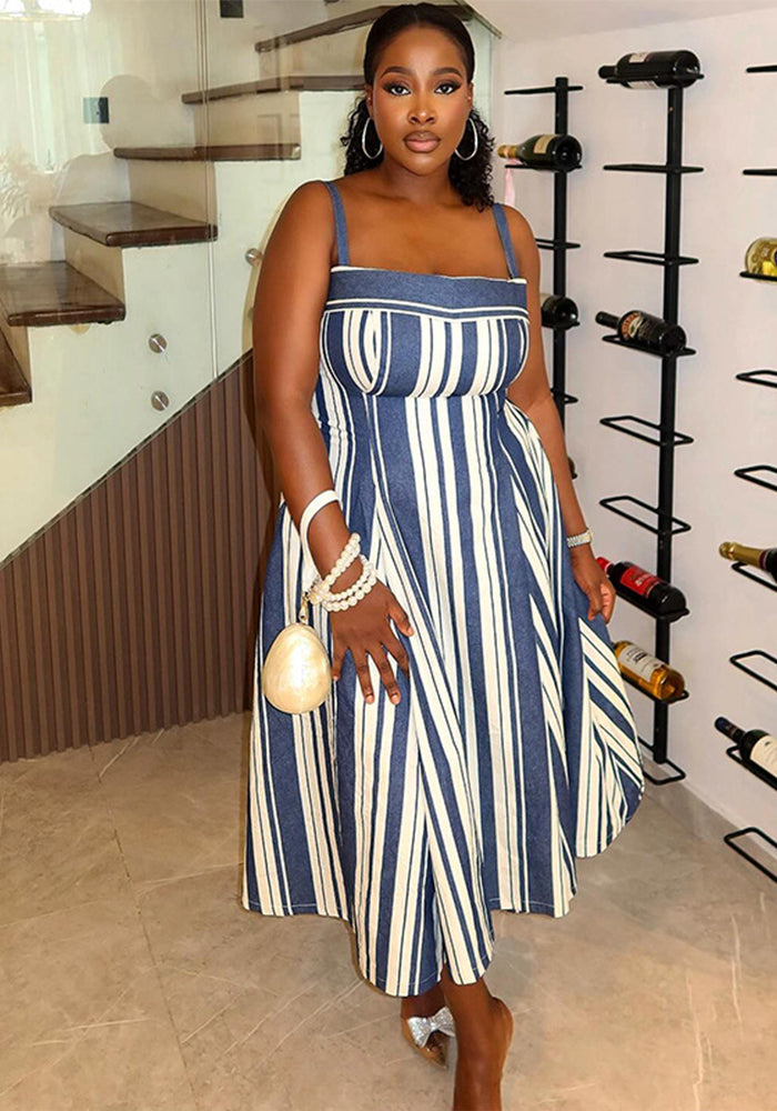 Women's Autumn Fashion Elegant Strap Striped Flared Dress